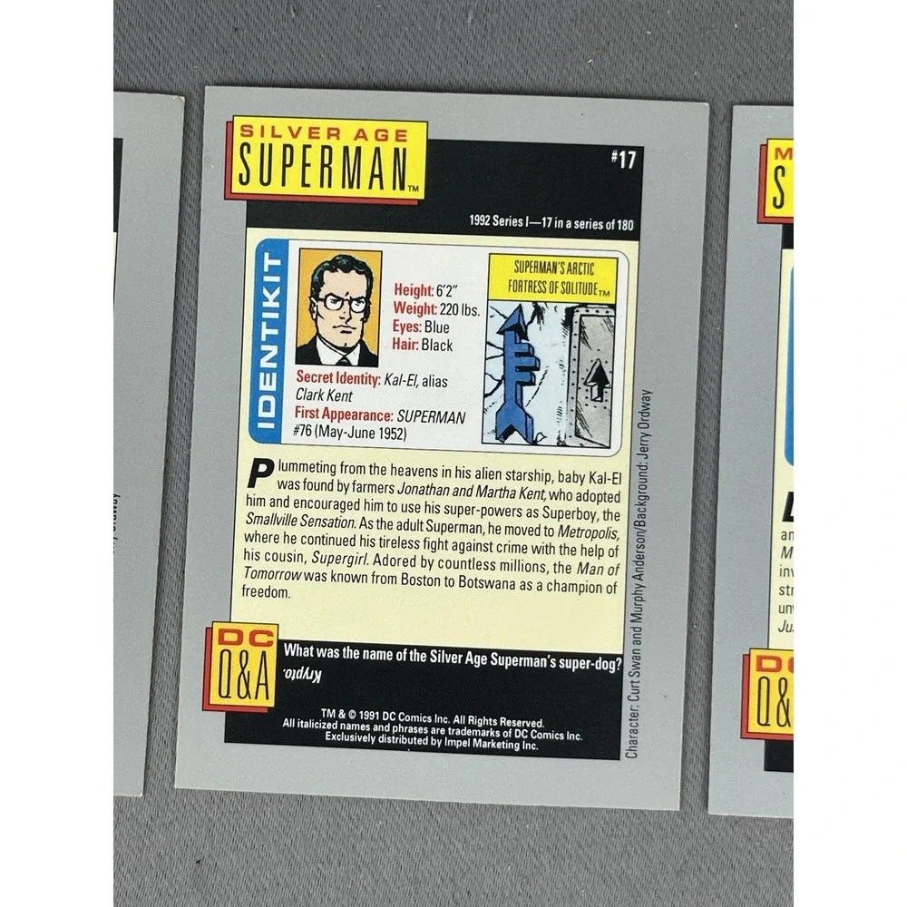 1991 DC Comic Cards SUPERMAN Hero Heritage Set‎ Of 3